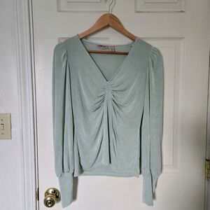 Willow & Root Ruched Sheen Top Mint V-Neck Blouse Long Sleeve